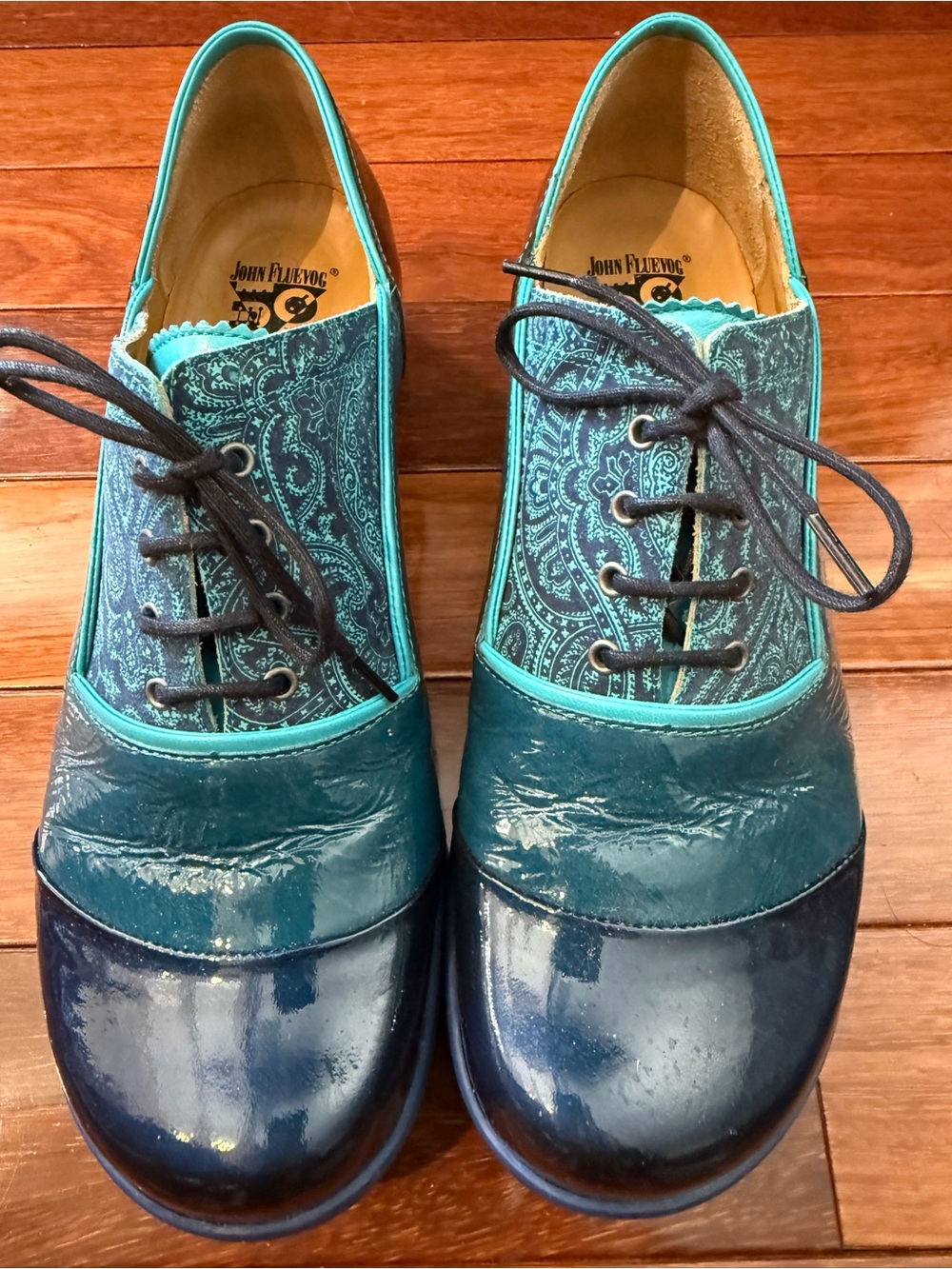 John Fluevog Teal and Navy Paisley Lace-Up Boots - Size 8.5
